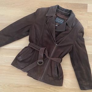 Brown soft leather heritage motorcycle belted jacket